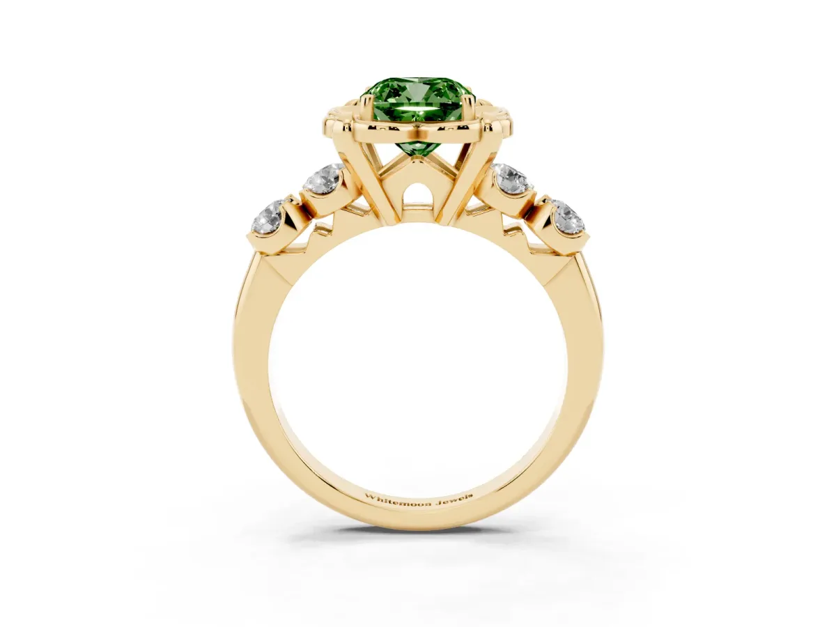 Fancy Green Cushion Cut Cut Diamond Floral Halo Engagement Ring with Shared Prong Setting Yellow gold