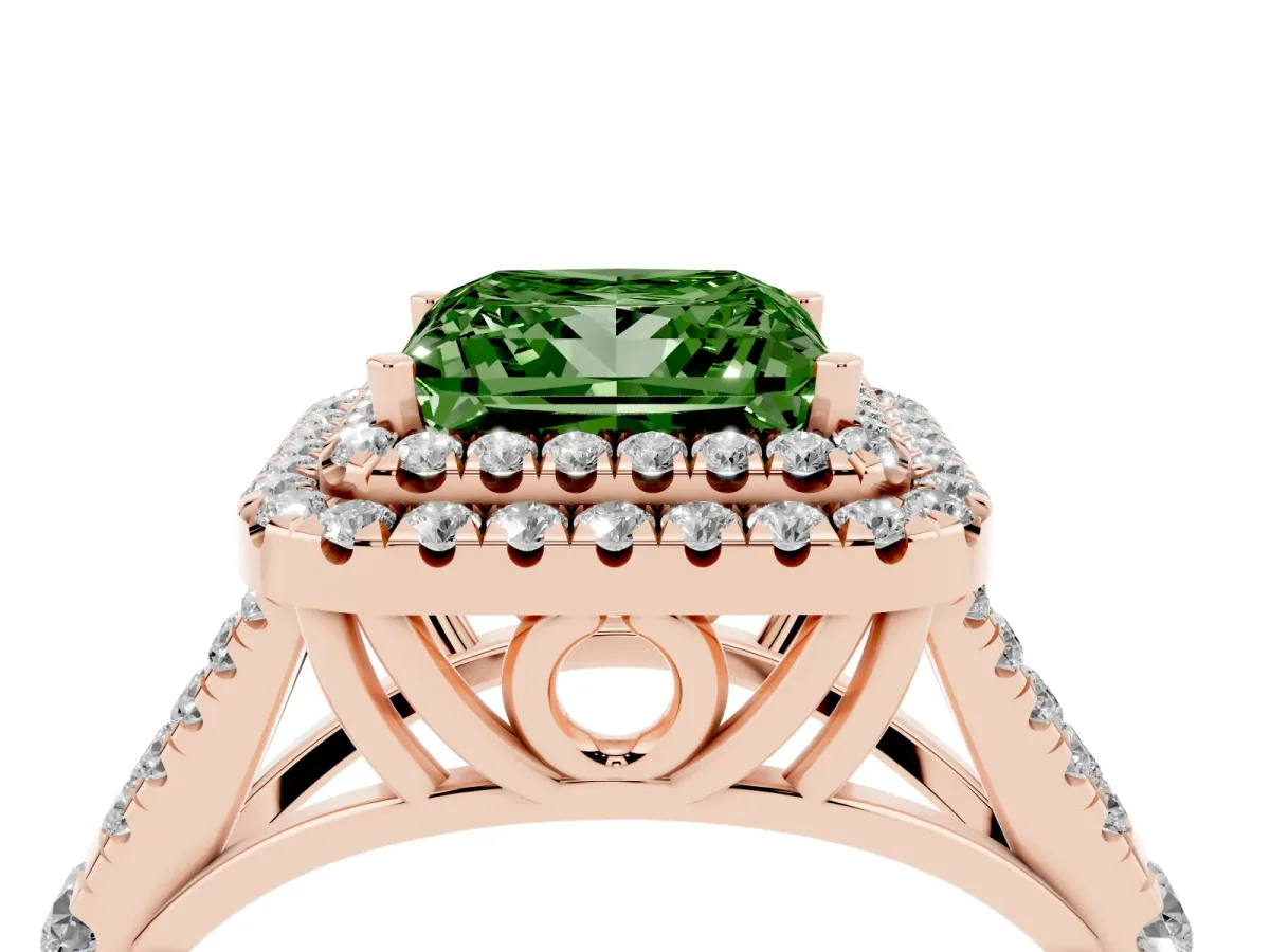 Fancy Green Princess Cut Cut Double Halo Split Shank Diamond Ring with Prong Setting Rose gold