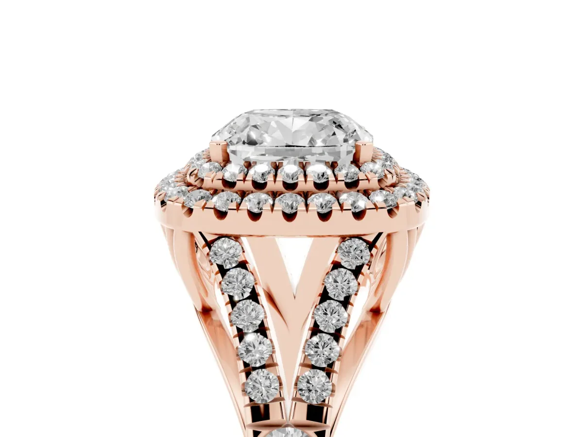 Cushion Cut Diamond Pavé Split Shank Double Halo Engagement Ring Rose gold