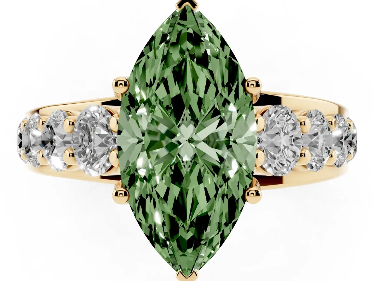 Fancy Green Marquise Cut Diamond Engagement Ring with Pavé Band and Four-Prong Setting Yellow gold