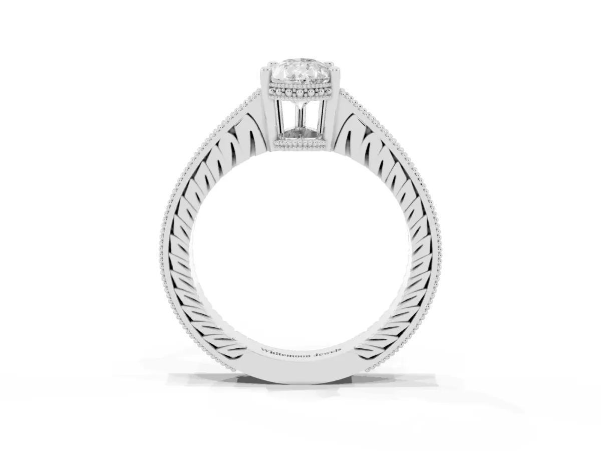 Pear Cut Solitaire Pavé Diamond Milgrain Engagement Ring with Four-Prong Setting Silver