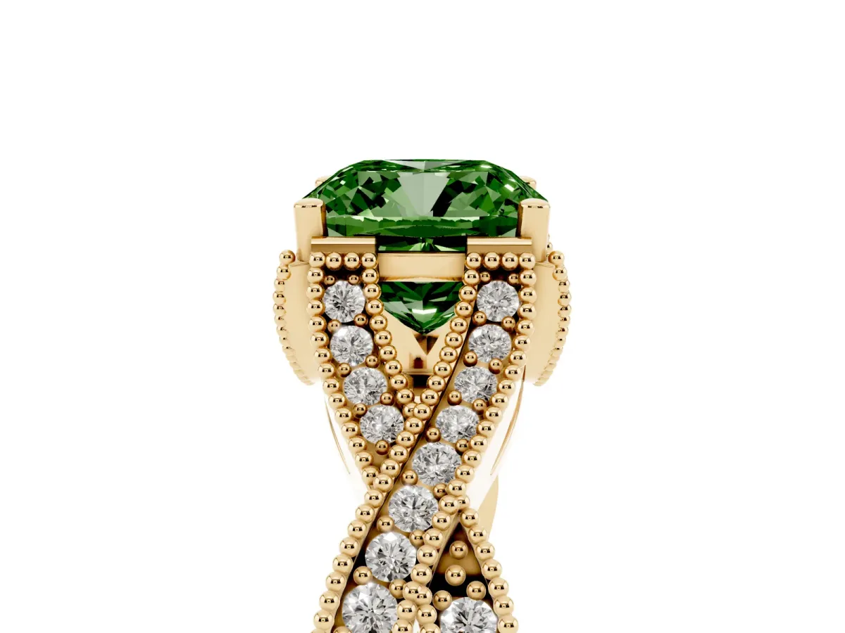 Fancy Green Cushion Cut Cut Diamond Twisted Band with Milgrain Pave Setting and Four-Prong Setting Yellow gold