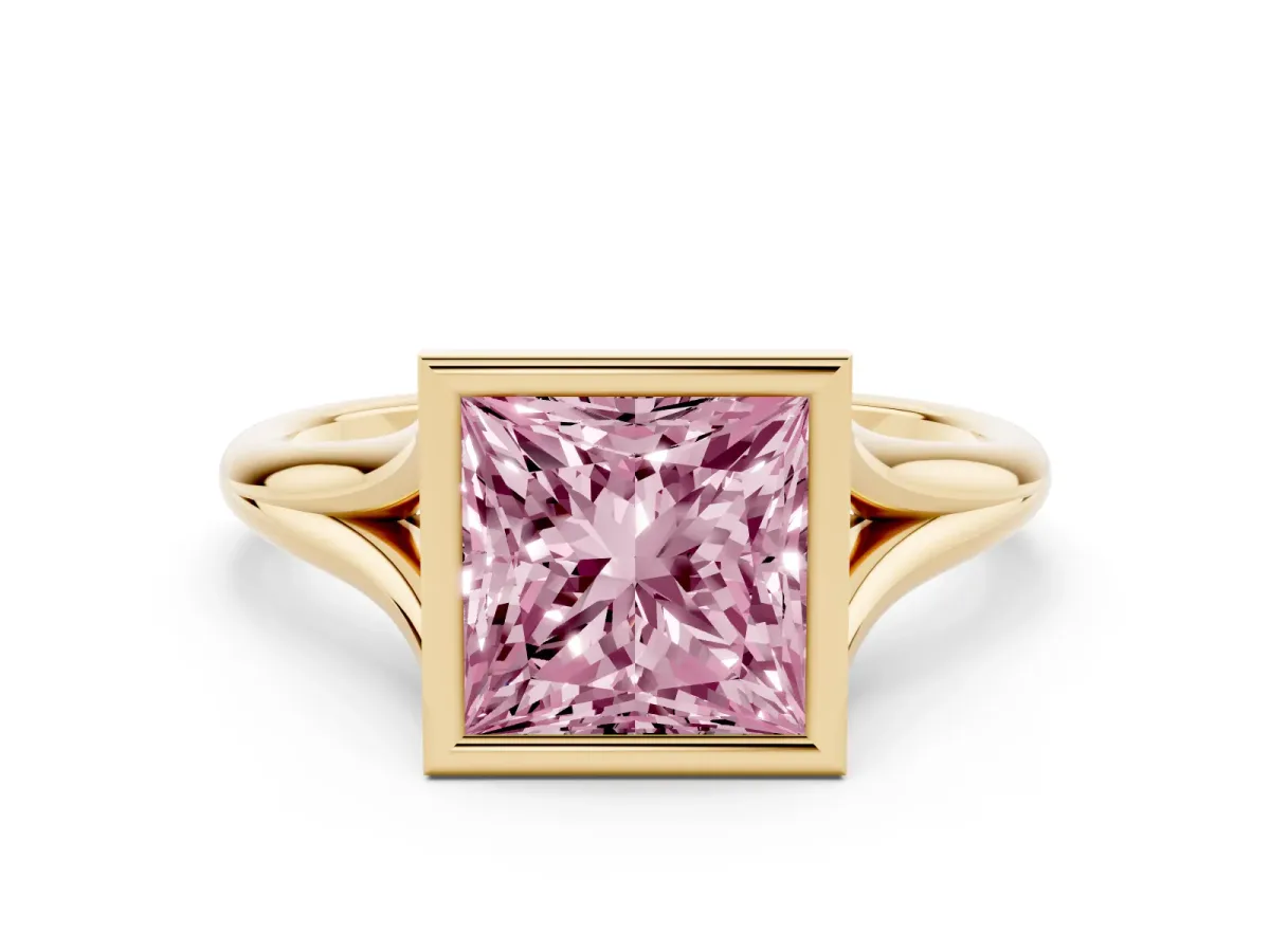 Fancy Pink Bezel Set Princess Cut Cut Solitaire Ring with Tapered Band Yellow gold