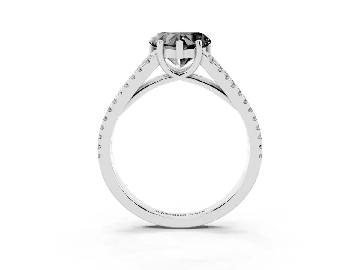 Fancy Black Heart Cut Diamond Solitaire Engagement Ring with Split Shank Pavé Band Silver