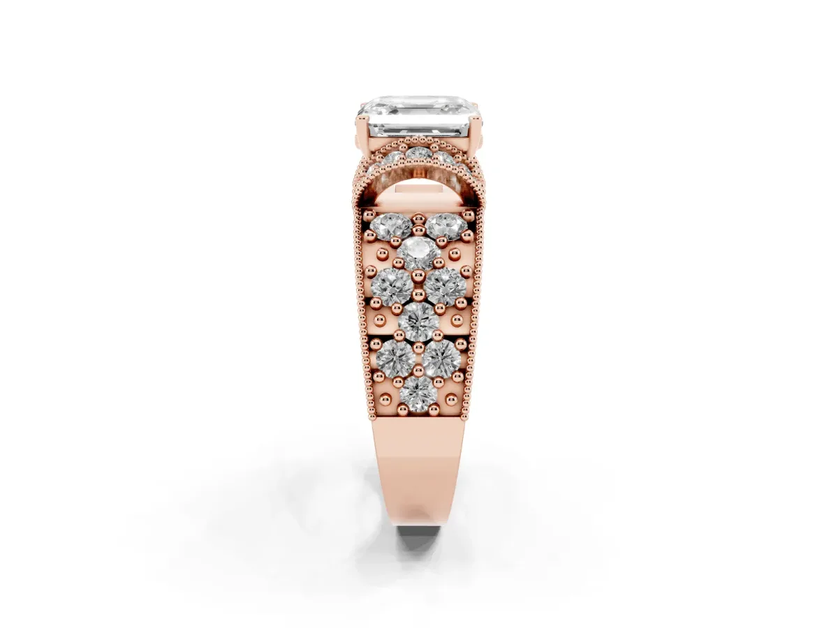 Asscher Cut Halo Pave Diamond Engagement Ring with Milgrain Detailing Rose gold