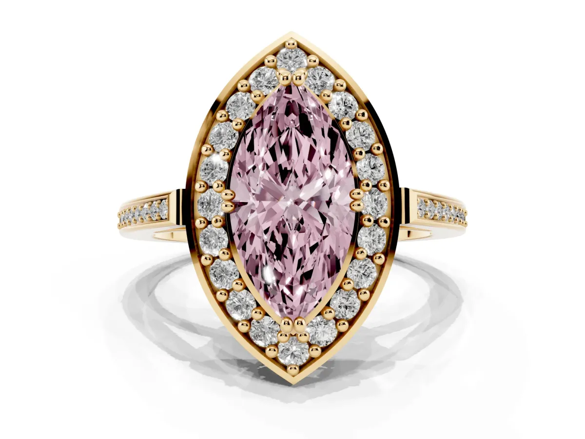 Fancy Pink Marquise Cut Diamond Halo Ring with Split Shank and Four-Prong Setting Yellow gold