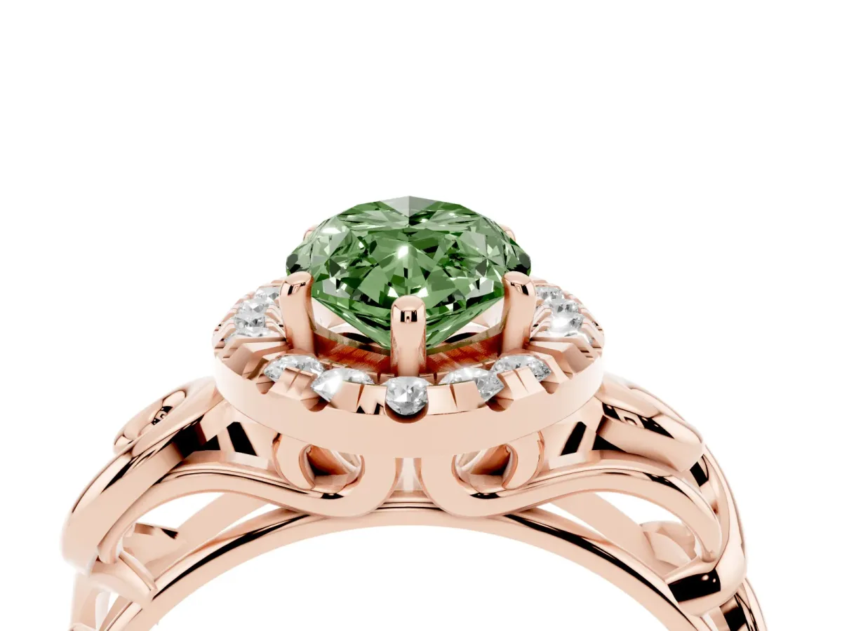 Fancy Green Marquise Cut Cut Halo Diamond Ring with Scrollwork Band and Four-Prong Setting Rose gold