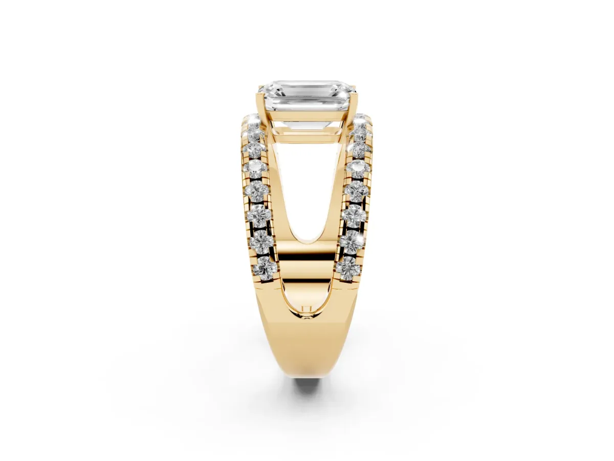 Emerald Cut Solitaire Split Shank Pave Diamond Ring Yellow gold