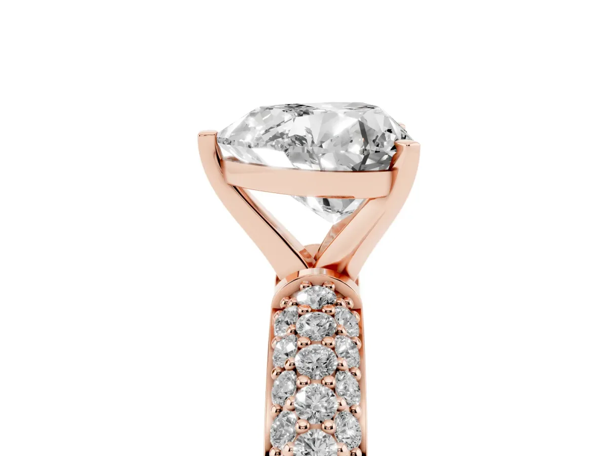 Heart Cut Diamond Solitaire Ring with Prong Setting and Pavé Band Rose gold
