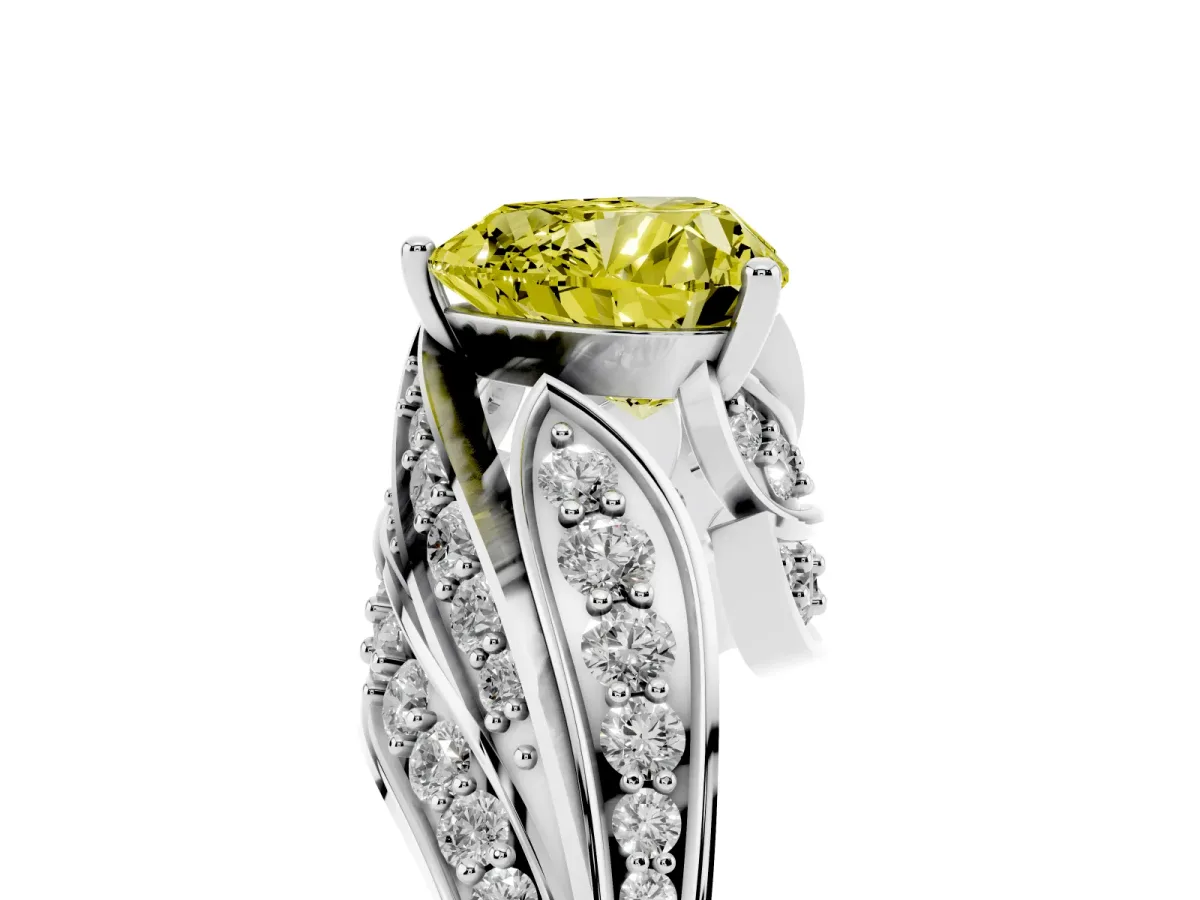 Fancy Yellow Heart Cut Diamond Solitaire Ring with Prong Setting and Twisted Pavé Band White gold