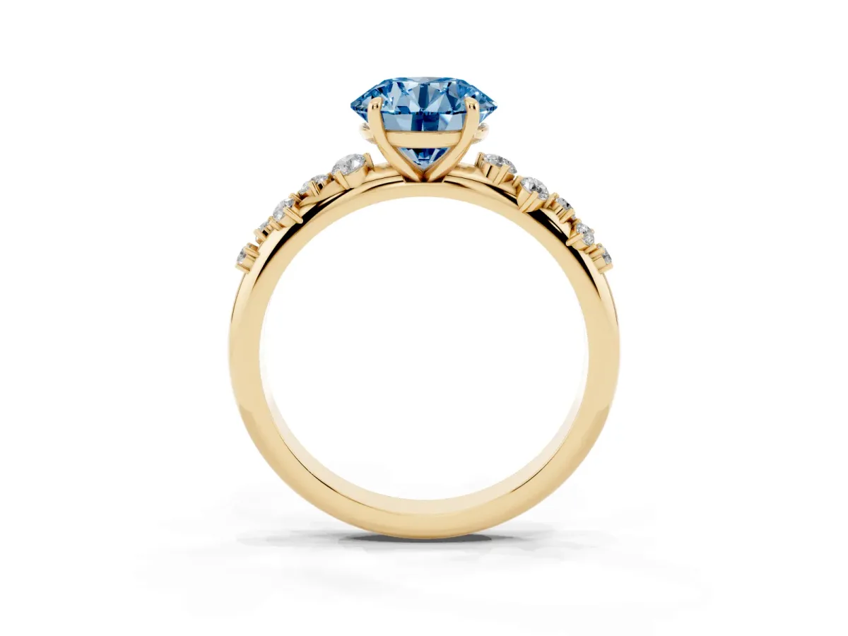 Fancy Blue Round Cut Diamond Cluster Prong-Set Solitaire Ring Yellow gold
