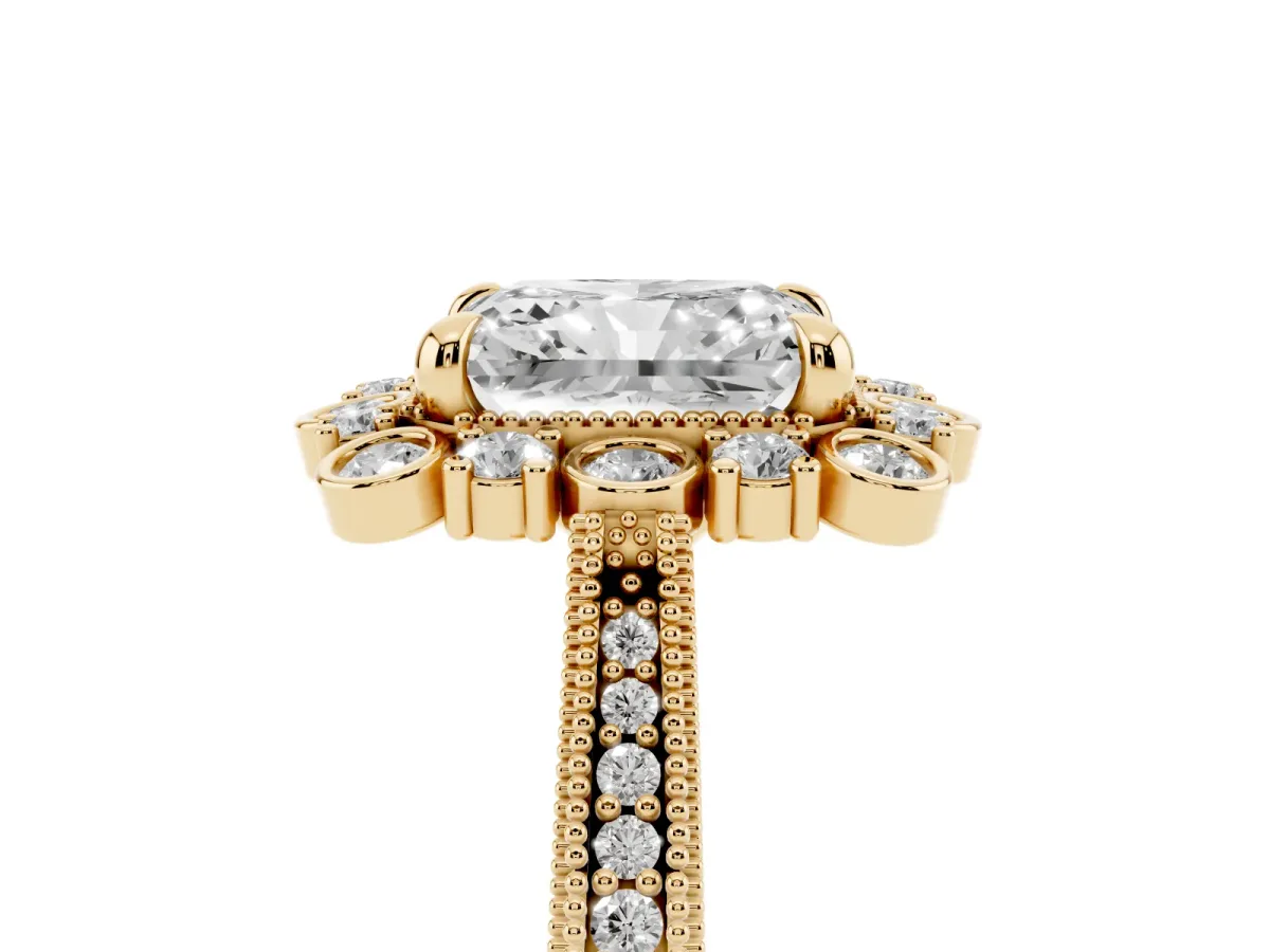 Radiant Cut Halo Milgrain Pave Diamond Ring with Four-Prong Setting Yellow gold