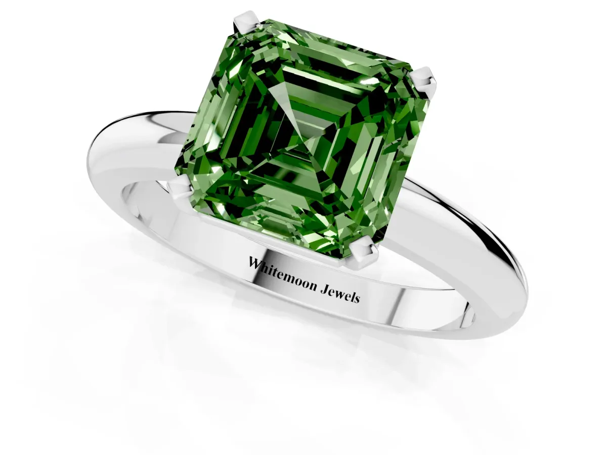 Fancy Green Asscher Cut Diamond Solitaire Engagement Ring with Round Band and Four-Prong Setting Silver
