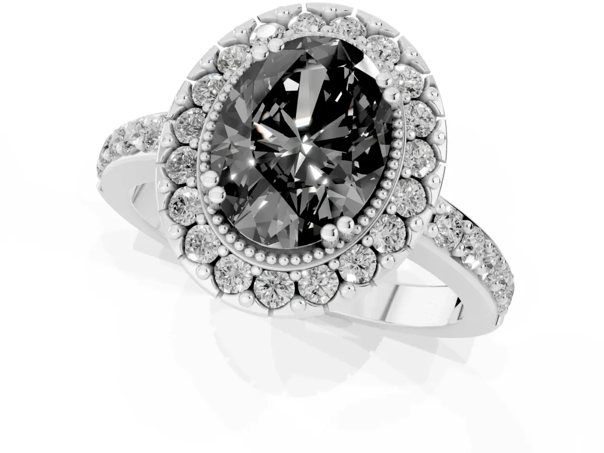 Fancy Black Oval Cut Diamond Halo Ring with Pavé Band and Prong Setting White gold