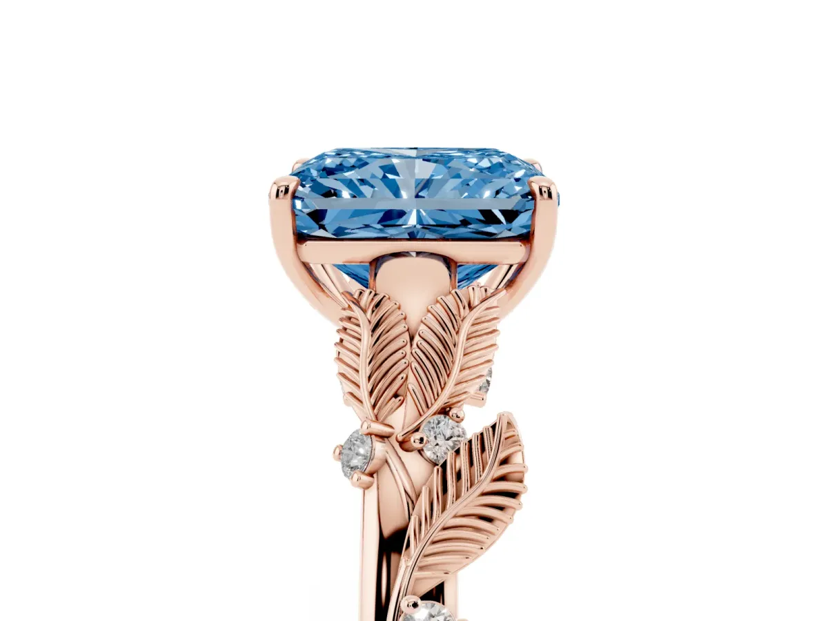 Fancy Blue Radiant Cut Diamond Solitaire Ring with Leaf Motif Band and Four-Prong Setting Rose gold