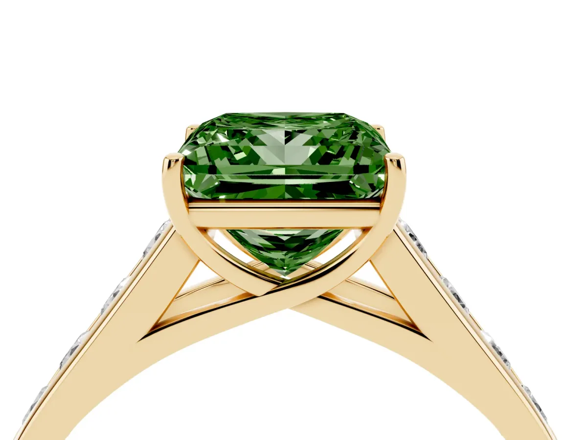 Fancy Green Princess Cut Brilliant Channel-Set Solitaire Ring with Four-Prong Setting Yellow gold