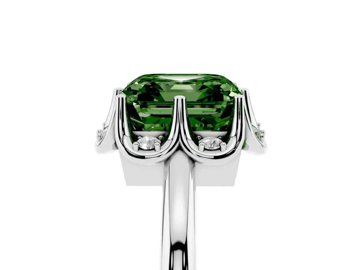 Fancy Green Asscher Cut Halo Diamond Ring with Round Cluster Setting, Solitaire Band, and Four-Prong Setting Platinum