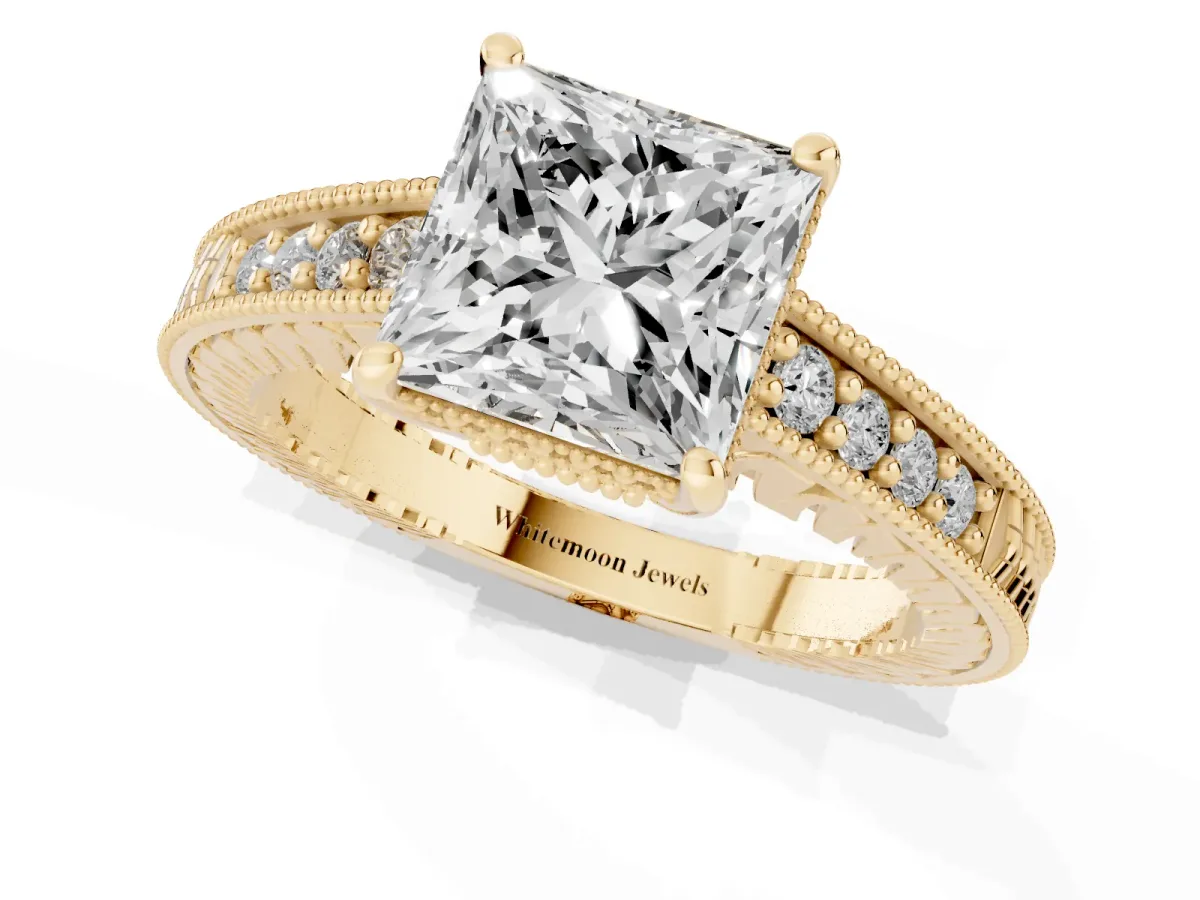 Princess Cut Solitaire Pavé Diamond Milgrain Engagement Ring with Four-Prong Setting Yellow gold
