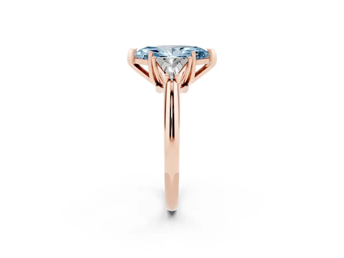 Fancy Blue Three-Stone Marquise Cut Diamond Engagement Ring with Trillion Side Stones and Prong Setting Rose gold