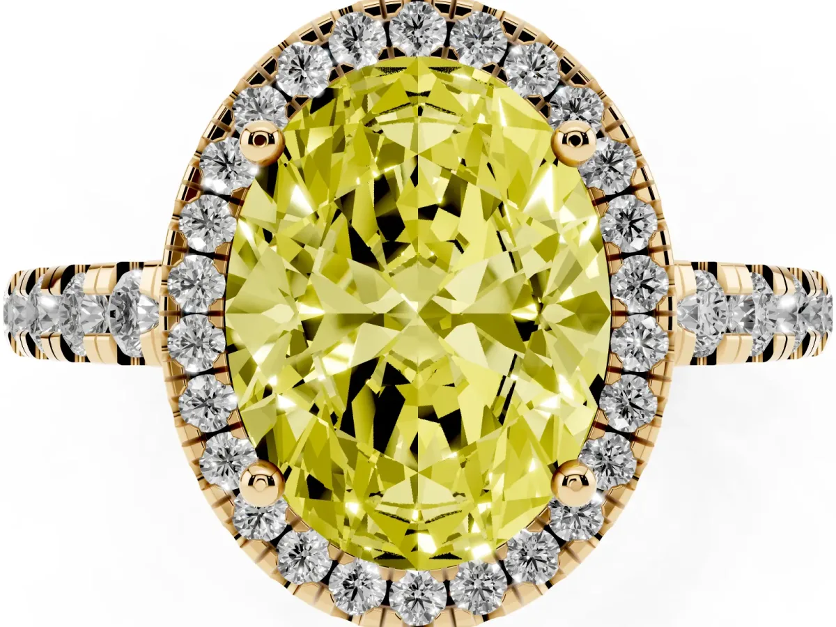 Fancy Yellow Oval Cut Diamond Halo Ring with Pavé Band and Four-Prong Setting Yellow gold