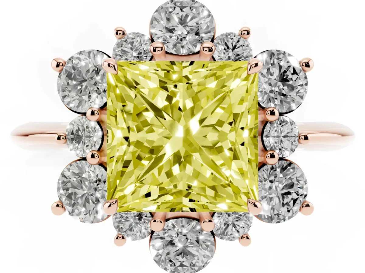 Fancy Yellow Princess Cut Diamond Cluster Halo Ring with Solitaire Band and Four-Prong Setting Rose gold