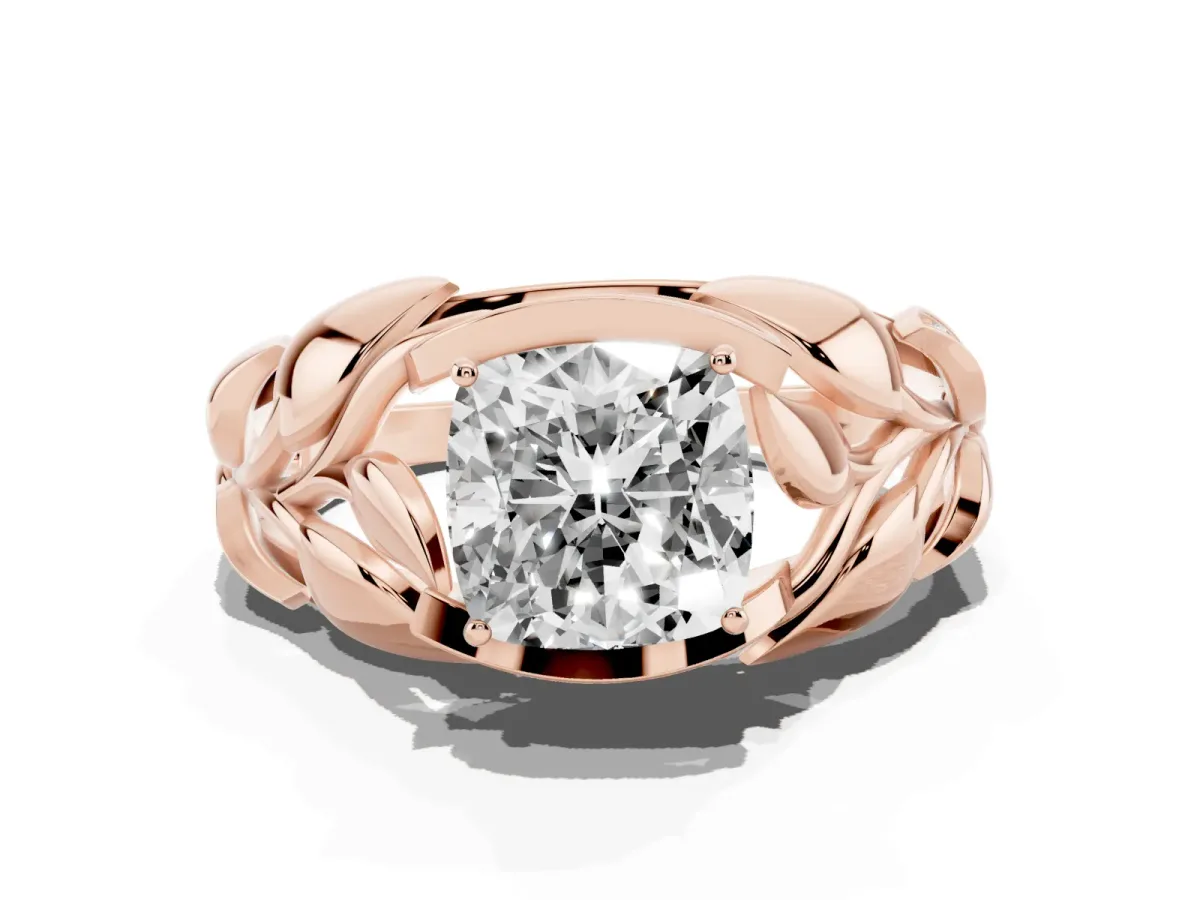 Cushion Cut Diamond Leaf-Inspired Engagement Ring with Round Accents and Prong Setting Rose gold
