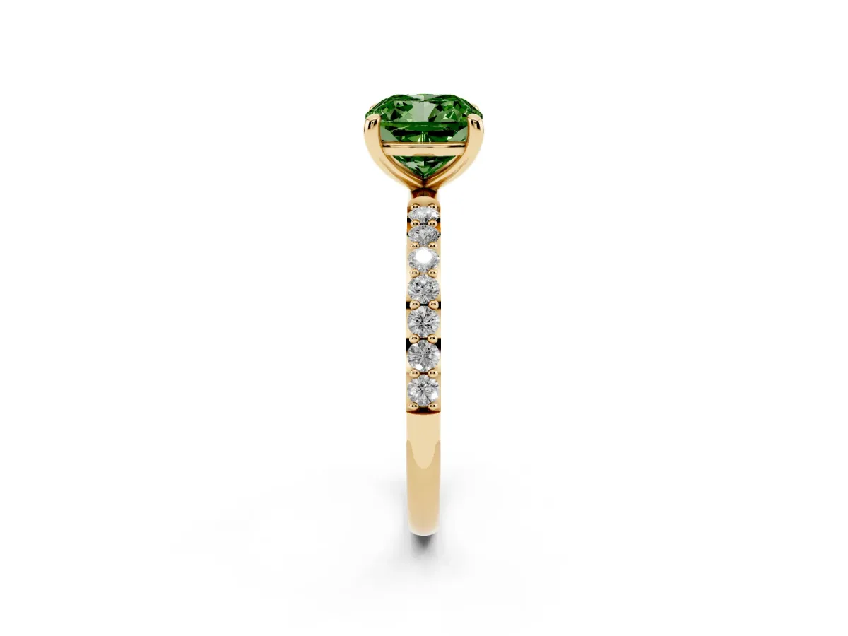 Fancy Green Cushion Cut Diamond Solitaire Ring with Round Pavé Band and Prong Setting Yellow gold