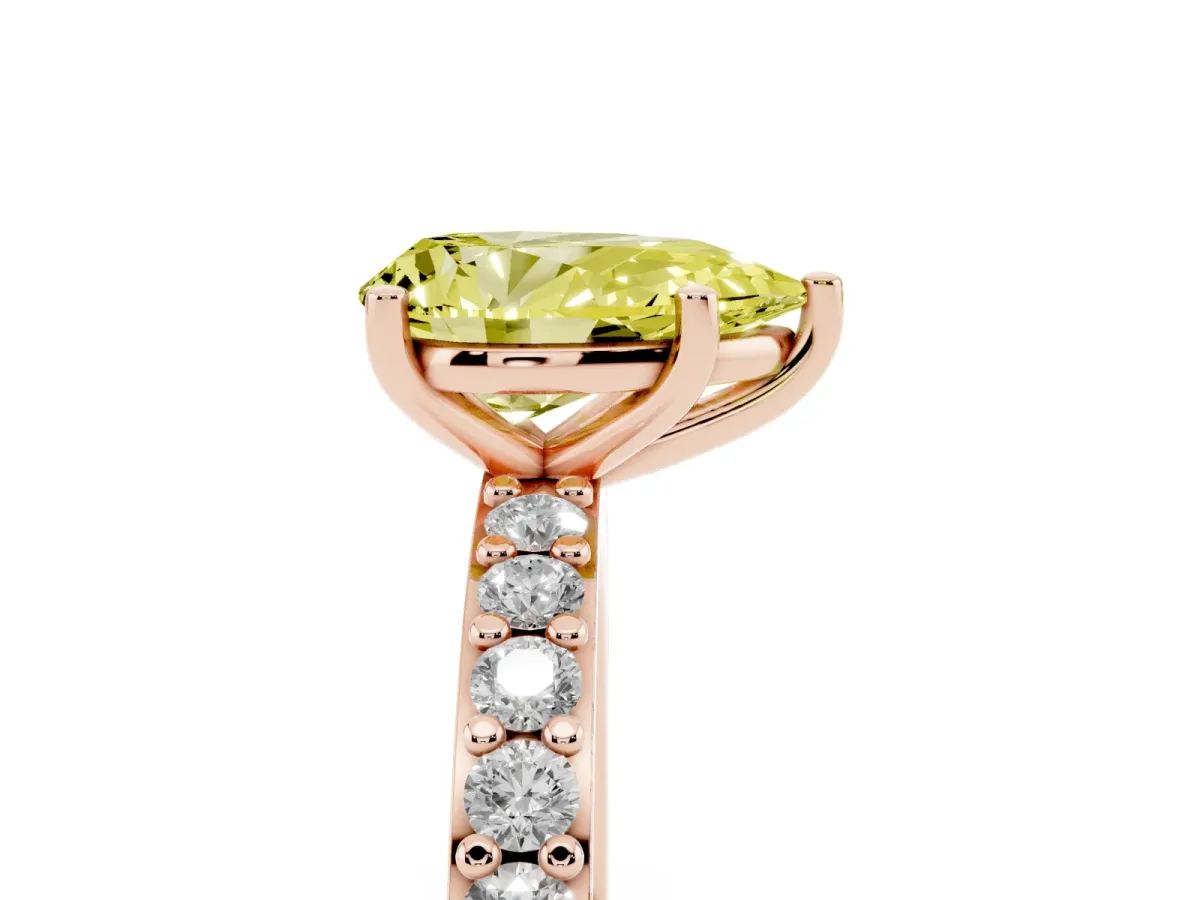 Fancy Yellow Pear Cut Cut Diamond Solitaire with Pave Band and Four-Prong Setting Rose gold