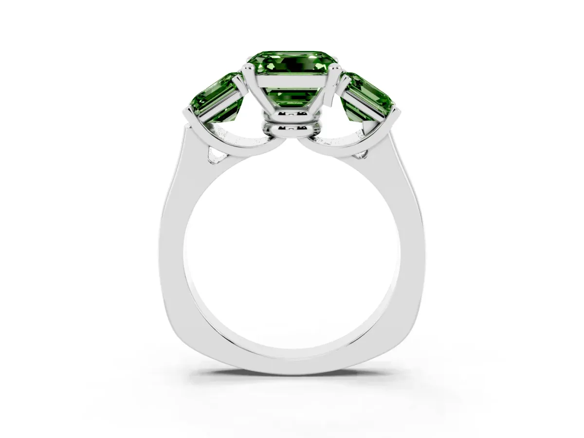 Fancy Green Three-Stone Asscher Cut Brilliant Diamond Trellis Ring with Comfort Fit Band Silver