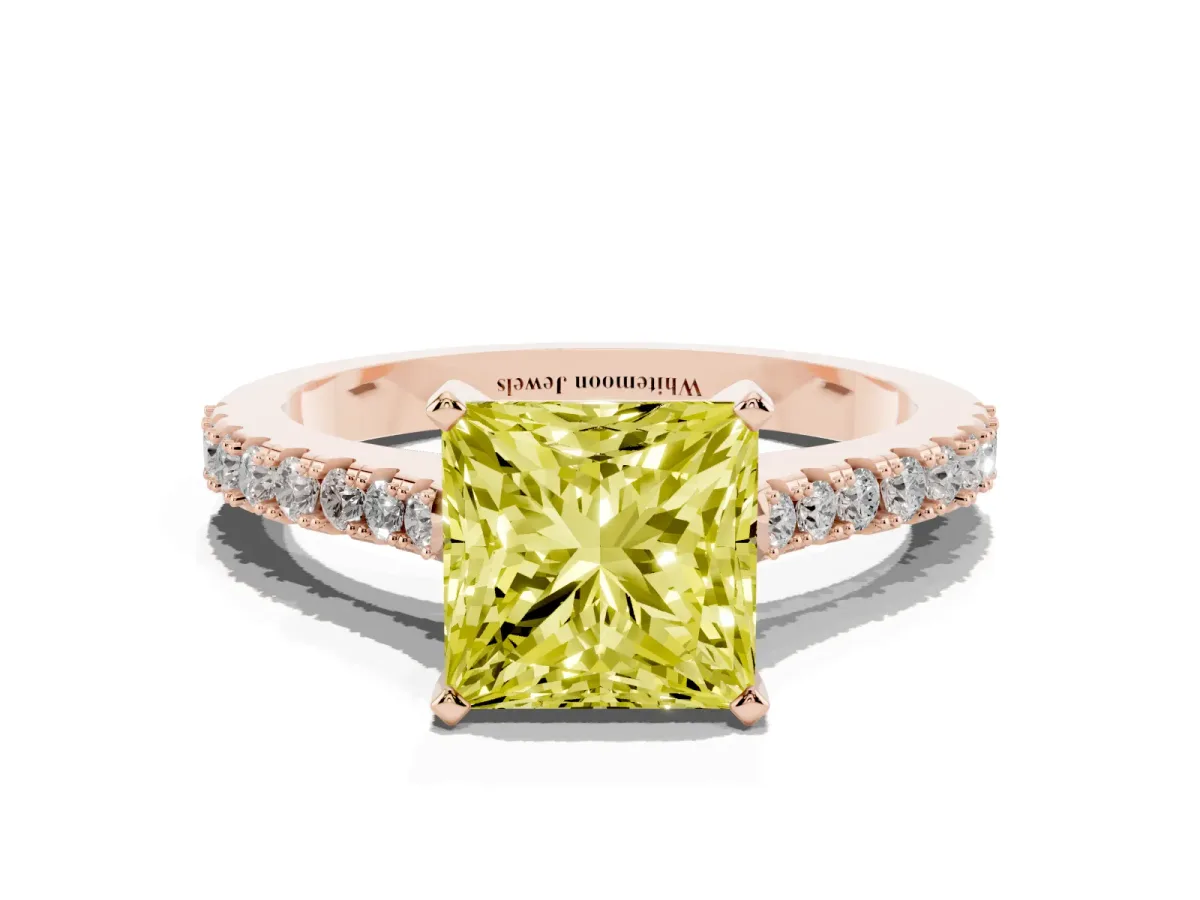 Fancy Yellow Princess Cut Cut Solitaire Diamond Engagement Ring with Pave Band and Four-Prong Setting Rose gold