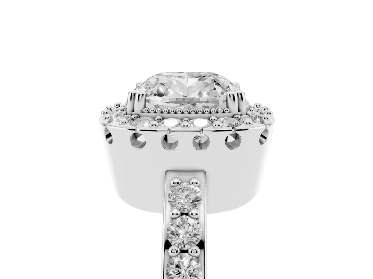Cushion Cut Diamond Halo Ring with Pavé Band and Prong Setting Silver