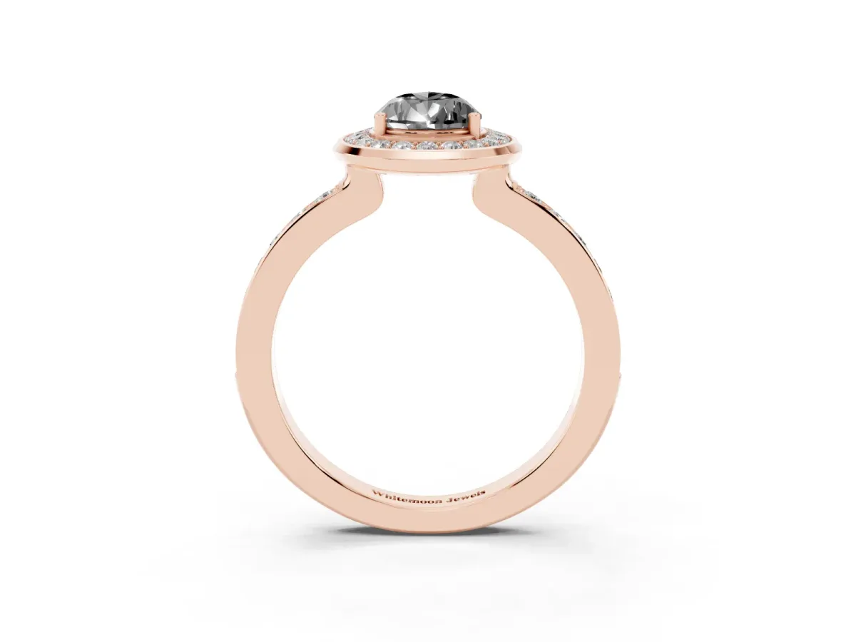 Fancy Black Pear Cut Diamond Halo Ring with Bezel Frame and Pavé Band Rose gold