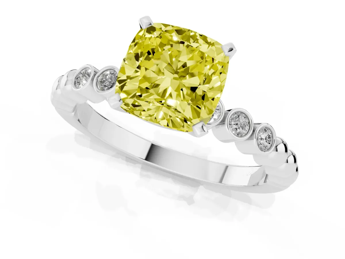 Fancy Yellow Cushion Cut Solitaire Bezel Accent Diamond Engagement Ring with Beaded Band and Four-Prong Setting Silver