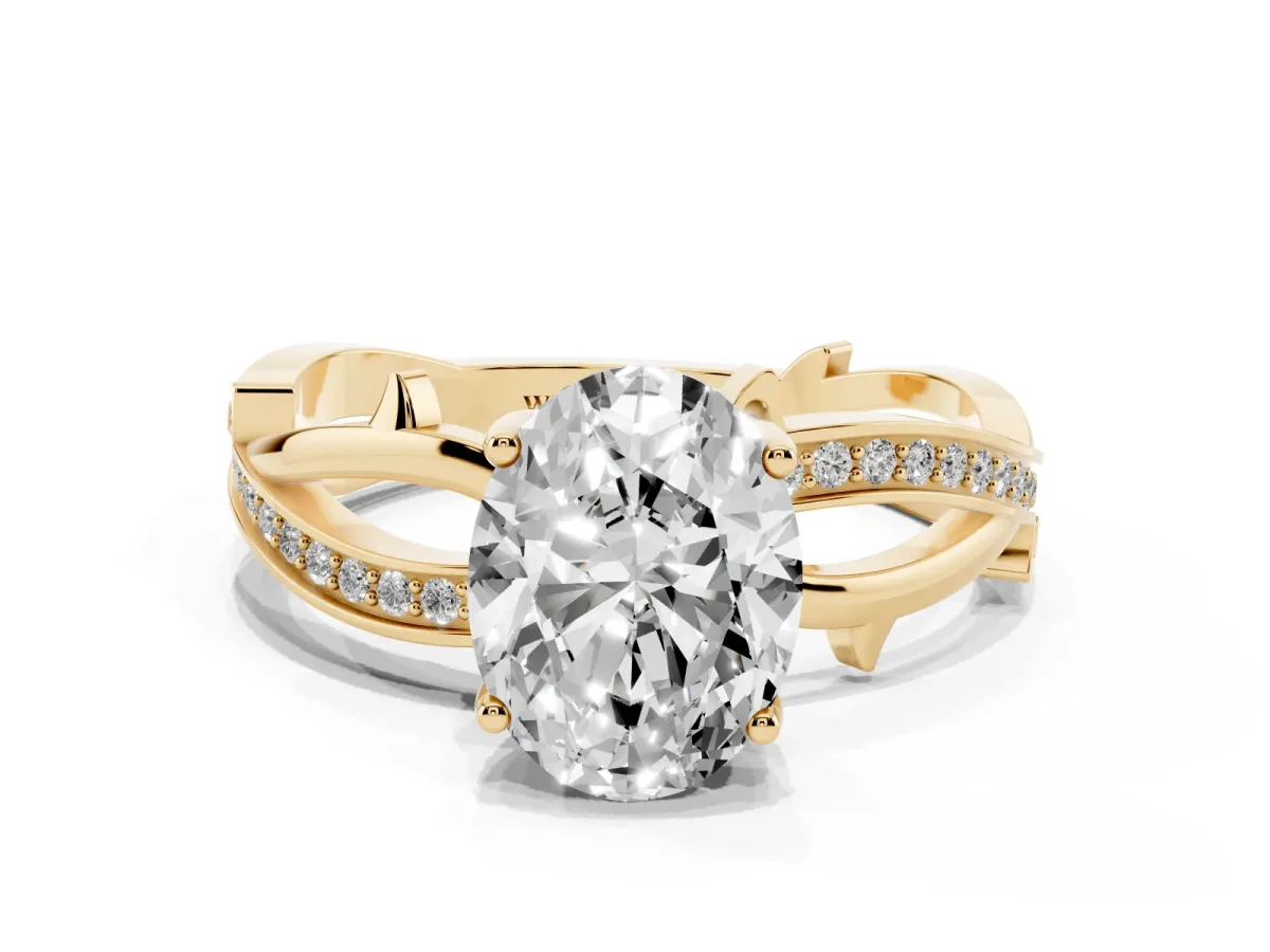 Oval Cut Solitaire Twist Band with Pavé Accents and Four-Prong Setting Yellow gold