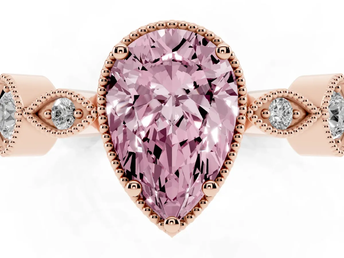 Fancy Pink Pear Cut Diamond Vintage Milgrain Ring with Round Stations Rose gold