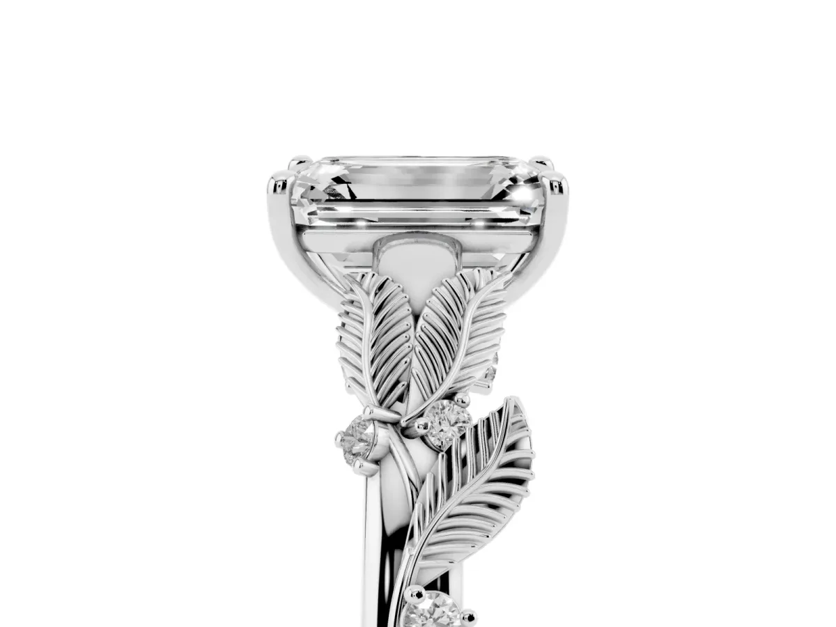 Emerald Cut Diamond Solitaire Ring with Leaf Motif Band and Four-Prong Setting Platinum
