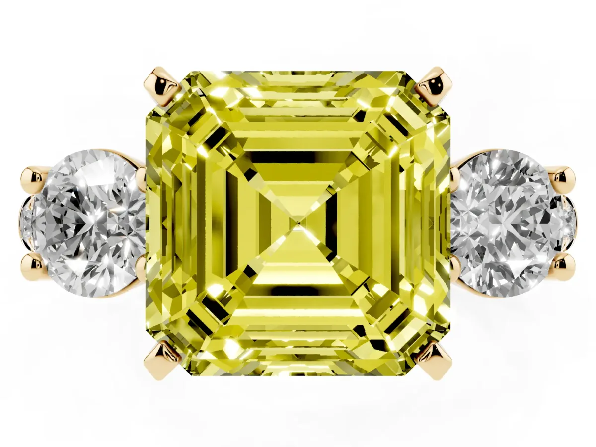 Fancy Yellow Three-Stone Asscher Cut Diamond Pavé Band with Four-Prong Setting Yellow gold