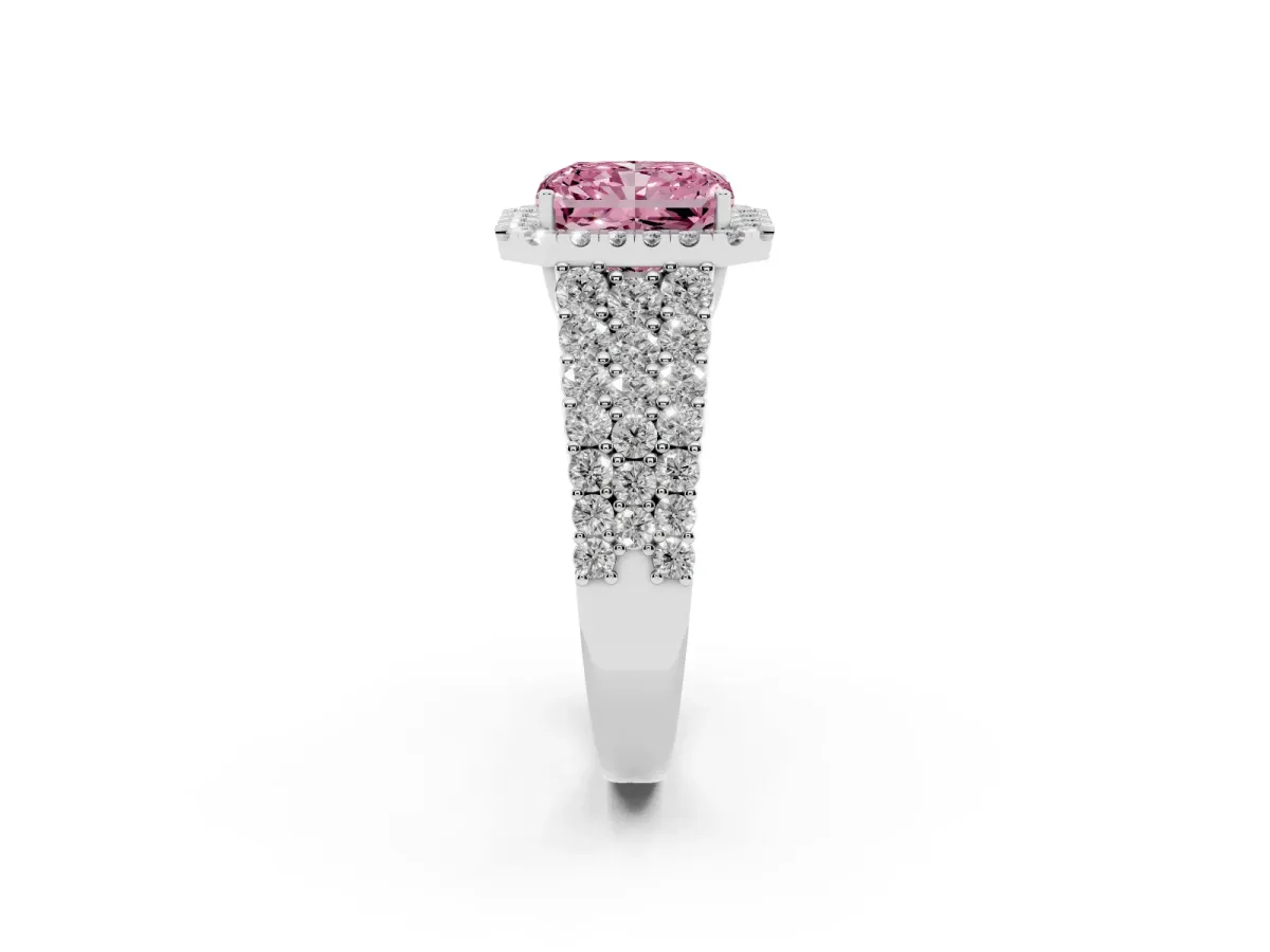 Fancy Pink Radiant Cut Diamond Halo Engagement Ring with Triple Row Round Pavé Band and Prong Setting Silver
