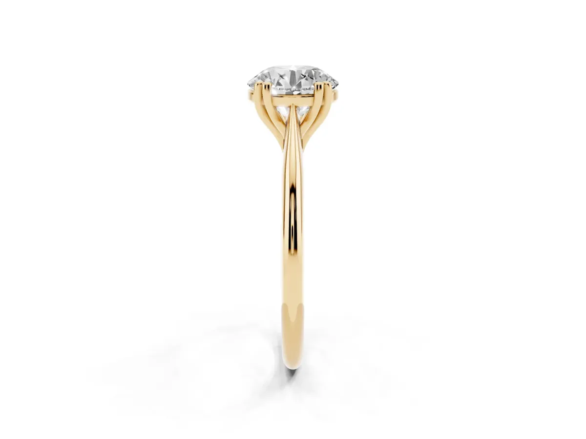 Round Cut Solitaire Diamond Ring with Six-Prong Setting and Classic Band Yellow gold