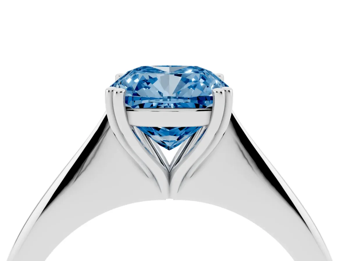 Fancy Blue Cushion Cut Solitaire Diamond Ring with Six-Prong Setting and Classic Band Silver