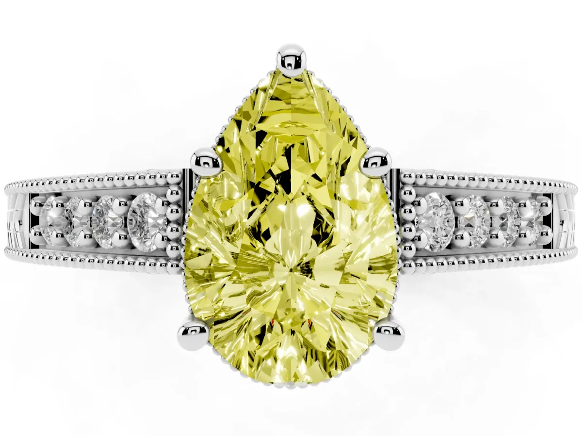Fancy Yellow Pear Cut Solitaire Pavé Diamond Milgrain Engagement Ring with Four-Prong Setting Silver