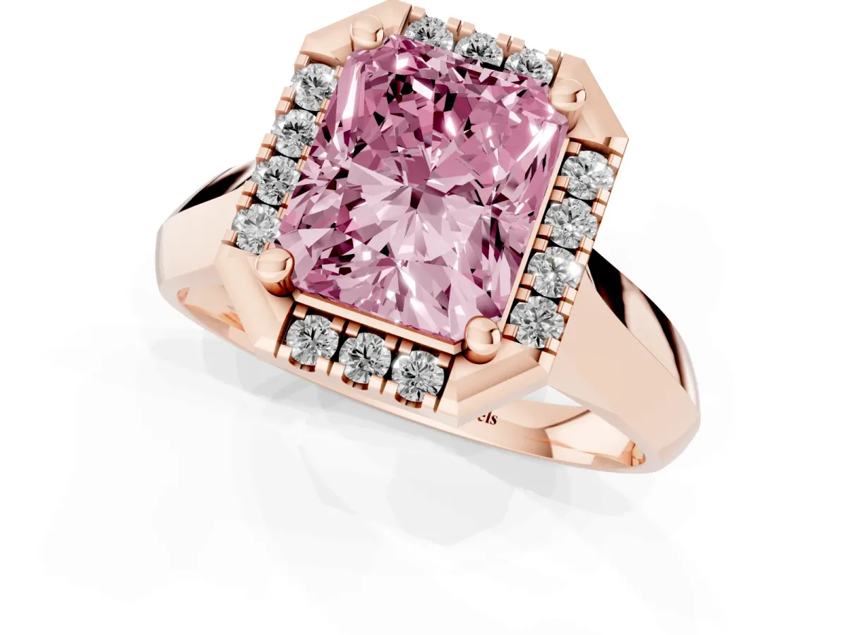 Fancy Pink Radiant Cut Cut Halo Solitaire Engagement Ring with Square Band and Four-Prong Setting Rose gold