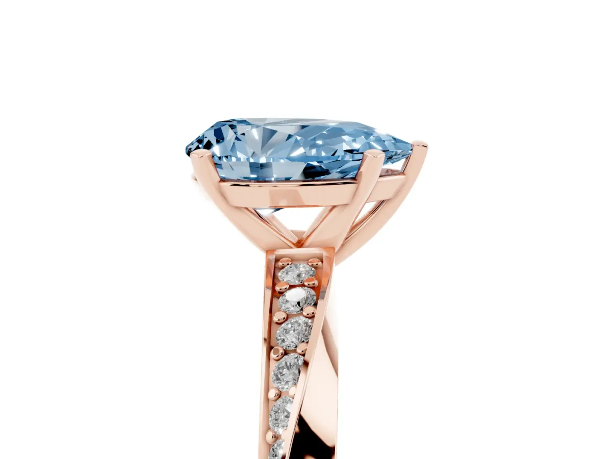 Fancy Blue Pear Cut Diamond Engagement Ring with Side Stone Accents and Four-Prong Setting Rose gold