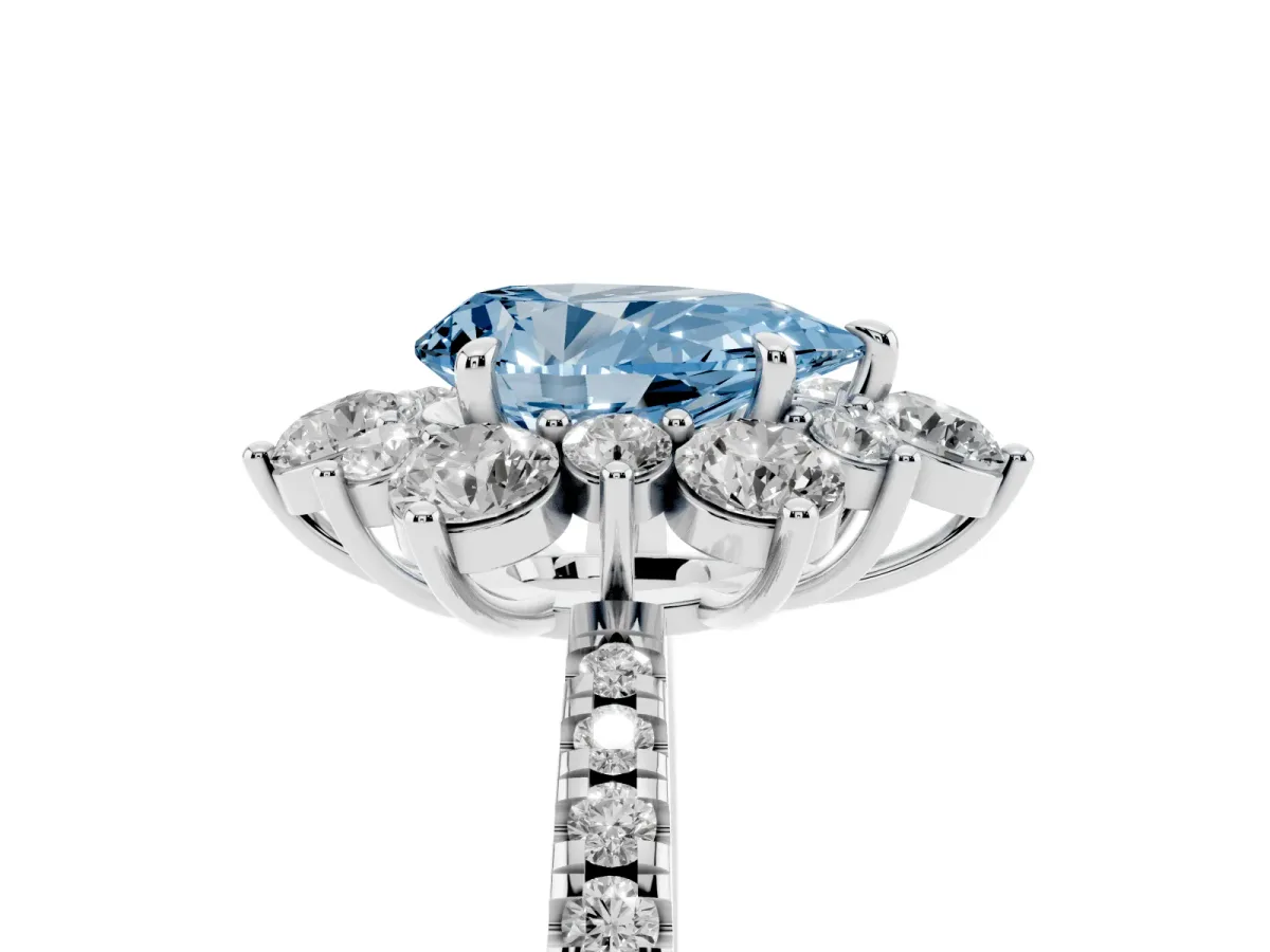 Fancy Blue Pear Cut Diamond Floral Halo Ring with Round Pavé Band and Prong Setting Platinum
