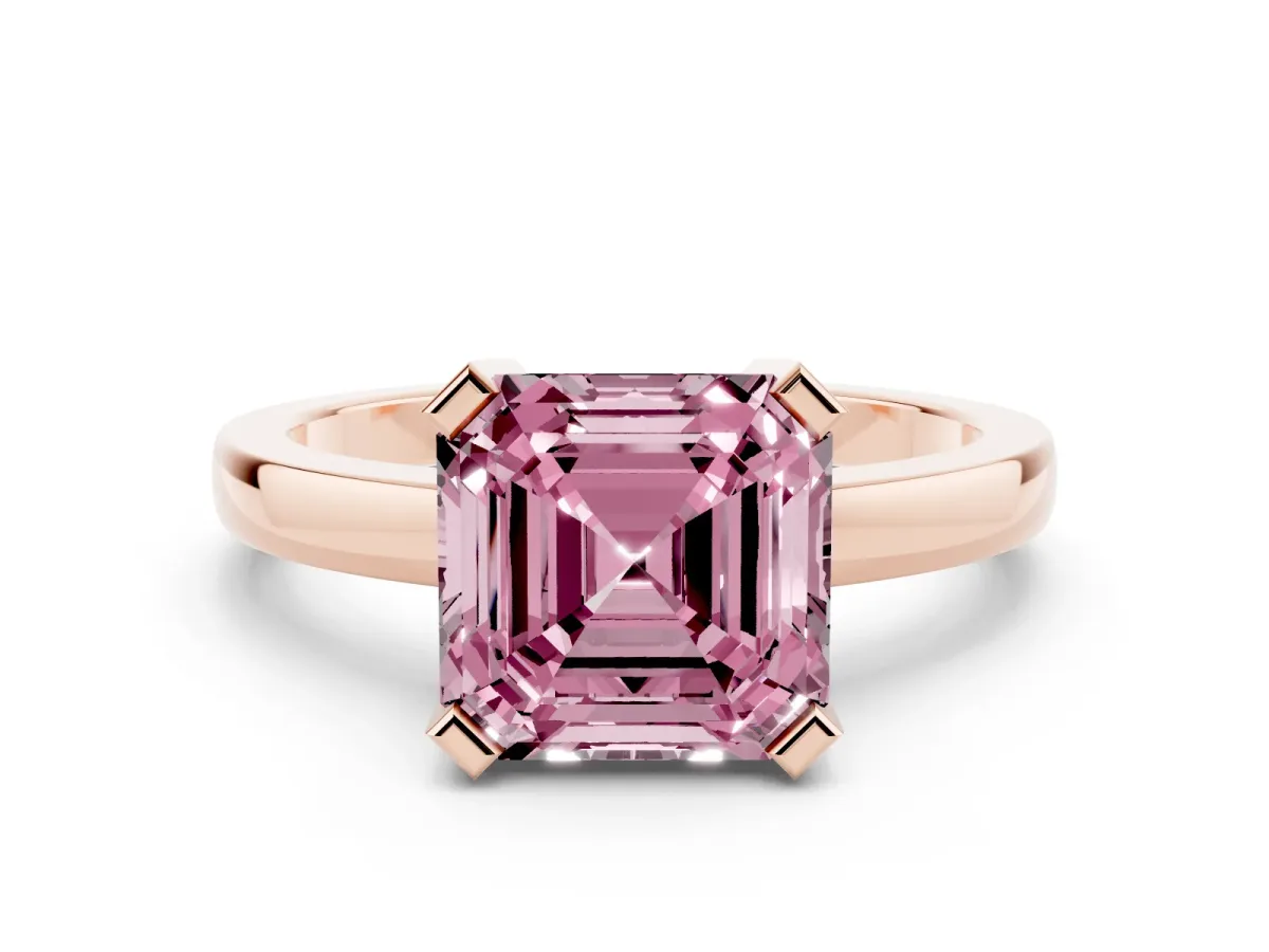 Fancy Pink Asscher Cut Cut Solitaire Ring with Four-Prong Setting and Classic Band Rose gold