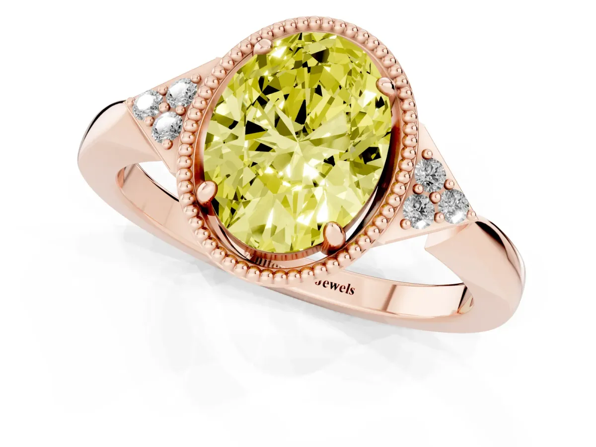 Fancy Yellow Hexagonal Halo Oval Cut Diamond Solitaire with Pavé Band and Four-Prong Setting Rose gold
