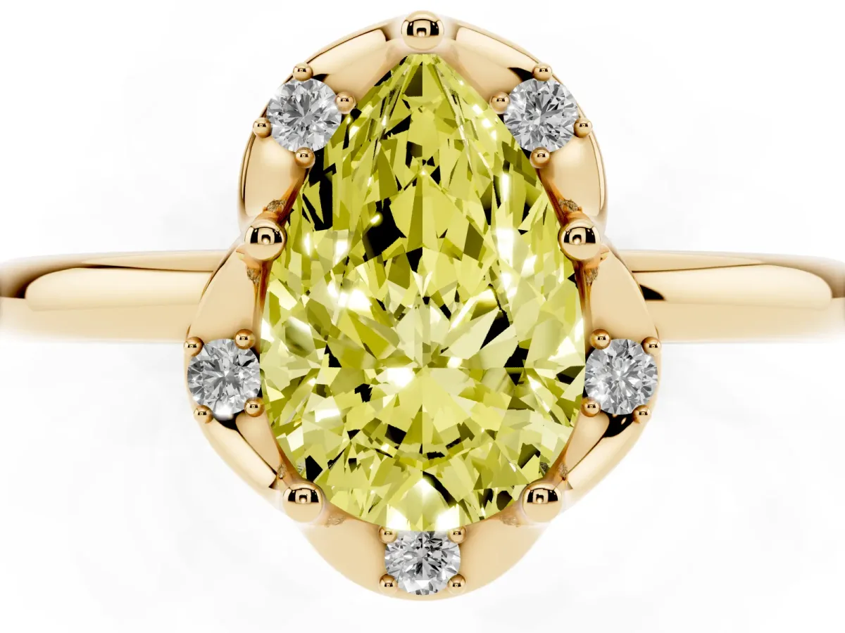 Fancy Yellow Pear Cut Halo Diamond Ring with Round Cluster Setting, Solitaire Band, and Four-Prong Setting Yellow gold