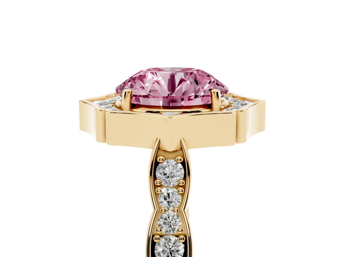 Fancy Pink Round Cut Halo Diamond Engagement Ring with Milgrain Band and Four-Prong Setting Yellow gold