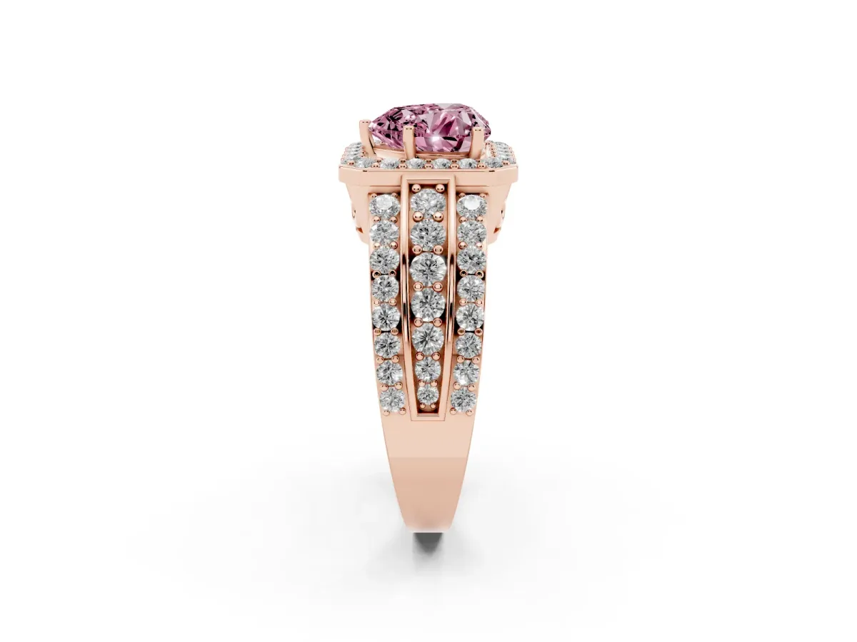 Fancy Pink Heart Cut Halo Diamond Ring with Round Split Shank and Prong Setting Rose gold