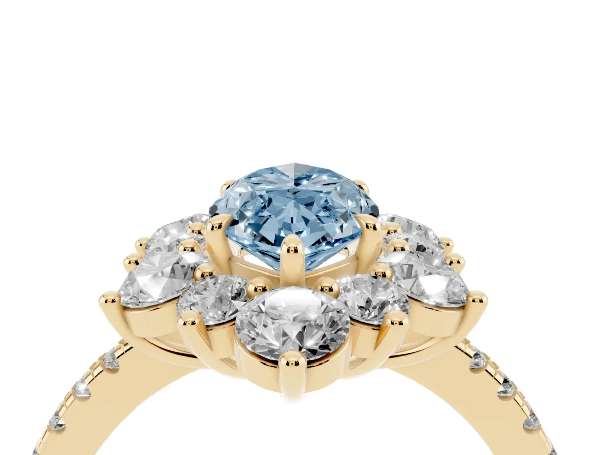 Fancy Blue Marquise Cut Diamond Floral Halo Ring with Round Pavé Band and Prong Setting Yellow gold